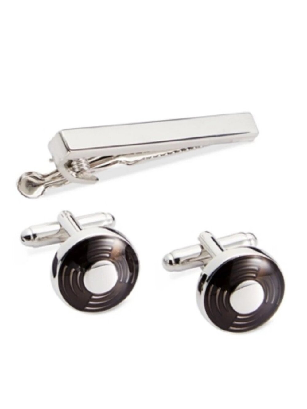 Geoffrey Beene Polished Rhodium Circle Cufflinks with Black Enamel and Tie Clip